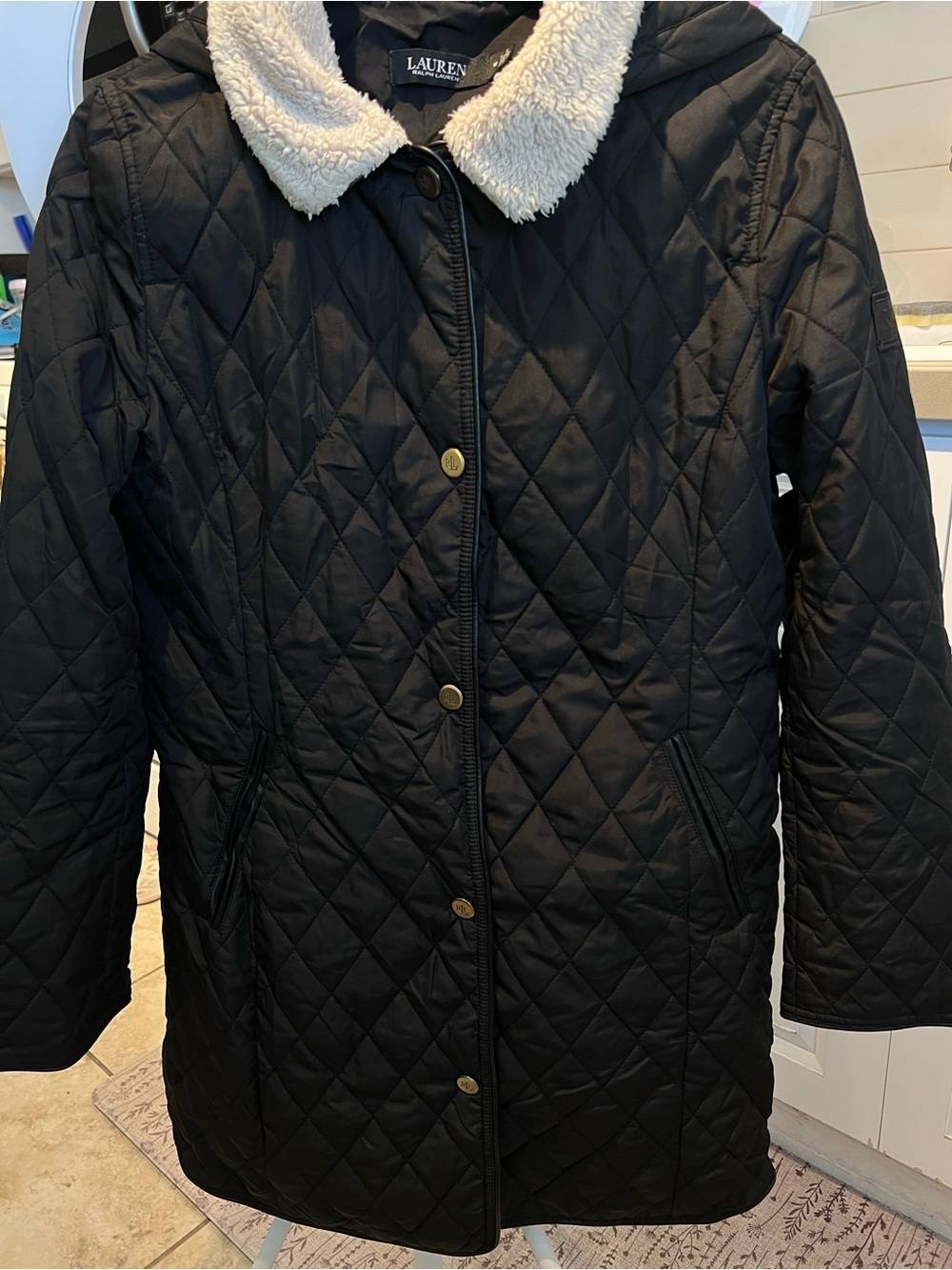 Lauren Ralph Lauren Black Quilted Puffer Coat with Cream Sherpa Collar